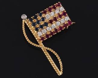 America Flag Gold, Diamond, Ruby and Blue Sapphire Pin Brooch 