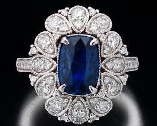 14K White Gold GIA Blue Sapphire and Diamond Ring