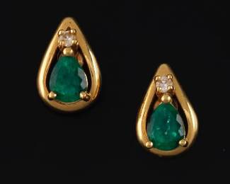 Ladies Pair of Gold, Emerald and Diamond Earrings 