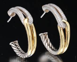 David Yurman Pair of 18K Gold, Sterling Silver and Diamond Scroll Earrings 