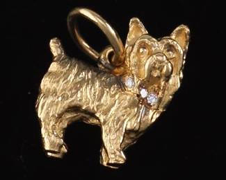 Adorable Gold and Diamond Yorkie Charm Pendant 