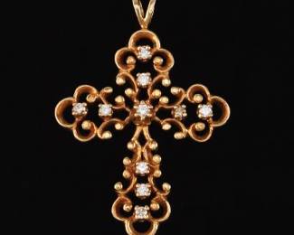 14K Gold and Diamond Spanish Colonial Style Cross Pendant