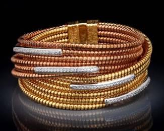 Ladies Italian TriColour Vermeil Gold on Sterling Silver and Clear Stones Spiral Cords Bracelet 