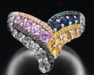 Ladies Sterling Silver, Multicolour Sapphire and Multicolour Diamond Tiara Style Ring 