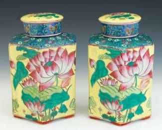 Pair of Chinese Hexagonal Porcelain Lidded Jars with Lotus Flowers 