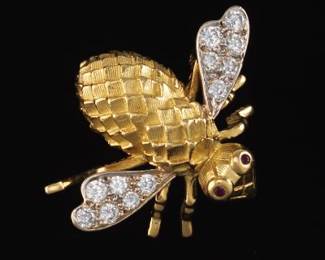 Ladies Gold, Ruby and Diamond Large Bee Brooch 