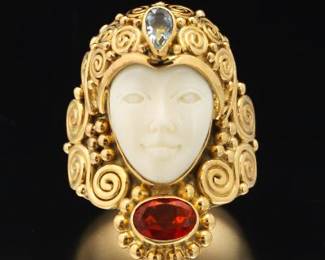 Sajen Art Deco Style Gold, Carved Cameo, Fire Opal and Blue Topaz Ring 
