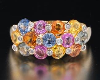 Ladies Gold, Multi Color Sapphire and Diamond Ring 