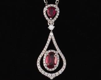 Ladies Italian Gold, Red Spinel and Diamond Pendant on Chain 
