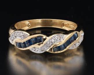 14K Yellow Gold Ring with Diamonds and Sapphires