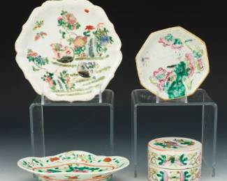 Four Chinese Famille Vert Enamelled Porcelain Dishes, Late Qing 