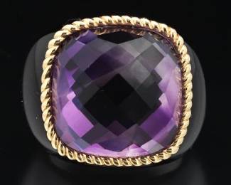 Ladies Gold, Amethyst and Black Onyx Fashion Ring 