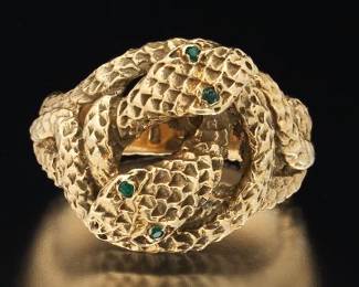 Ladies Gold and Emerald Double Serpent Bypass Ring 