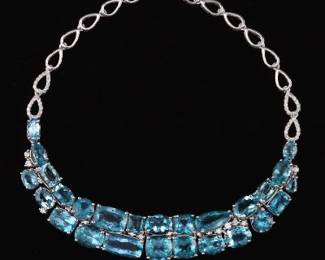 14K White Gold diamond and Aquamarine Necklace