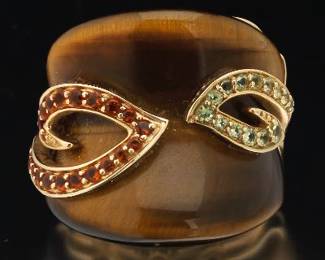 Ladies Gold, Carved Tiger Eye, Corinne and Topaz Ring 