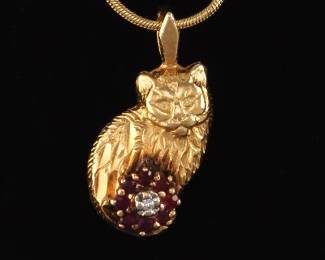 Ladies Gold, Garnet and Diamond Kitten Pendant on Snake Chain 