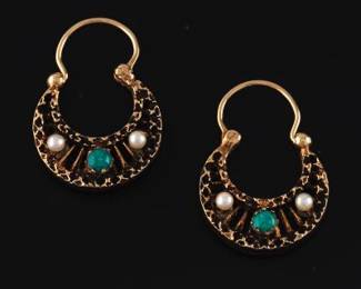 Ladies Pair of Gold, Turquoise and Seed Pearl Pashtun Style Earrings 