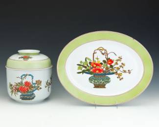 Mottahedeh Chinoiserie Large Lidded Jar with Serving Oval Platter, Vista Alegre Portugal, after 18th century Chinese Woodblocks in the British Museum 