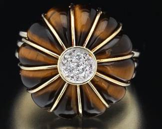 Ladies Vintage Gold, Carved Tiger Eye and Diamond Chrysanthemum Ring 