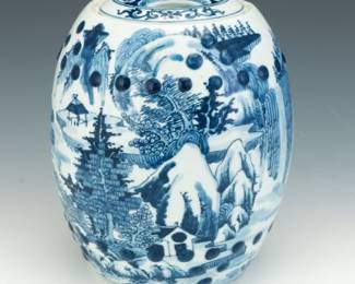 Chinese Porcelain Blue and White Garden Stool Style Lidded Jar, Apocryphal Qianlong Marks 
