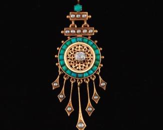 French Victorian Gold, Diamond, Turquoise and Seed Pearl Dream Catcher Style Pendant 