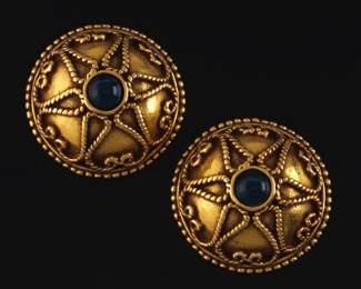 Ladies Pair of Etruscan Revival Style Gold and Blue Gem Dome Earrings 