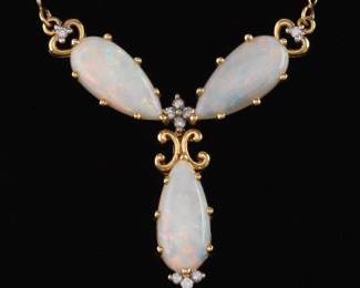 Ladies Gold, Opal and Diamond Lavaliere Necklace 
