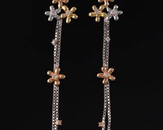 Ladies Pair of TriColor Gold and Diamond Floral Dangle Earrings 