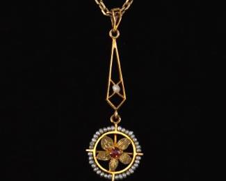 Ladies Art Nouveau Gold, Ruby and seed Pearls Pendant on Chain 
