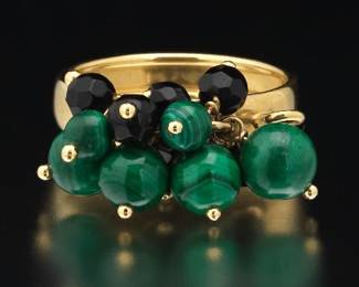 Ladies Italian Gold, Malachite and Black Onyx Articulated Cluster Ring 