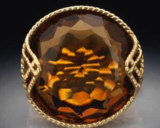 Ladies Italian Gold and Fancy Cut Amber Citrine Ring 