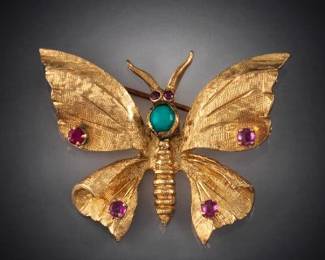 Ladies Gold, Turquoise and Ruby Butterfly Pin Brooch 