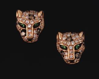 EFFY Pair of Cartier Style Gold, Peridot and Diamond Panther Head Ear Studs 
