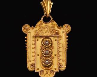 Ladies Antique Etruscan Revival TwoTone Gold and Seed Pearls Locket 