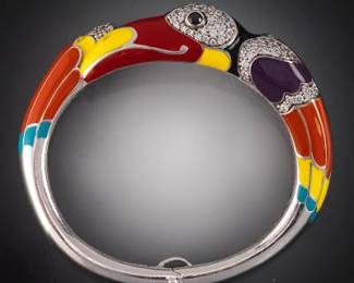 Belle Etoile Sterling Silver, Enamels and Clear Stones Toucan Bangle 
