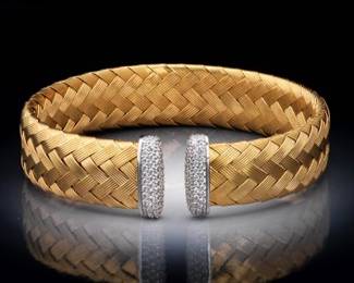 Ladies Italia Vermeil Gold on Sterling Silver and Clear Stones Basket Weave Bangle 