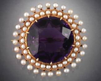 Ladies Antique Gold, Amethyst and Seed Pearl Pin Brooch 