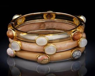 Christina Sabatini Three Sterling Silver, Moonstone, Quartz, Agate and Acrylic Bangles 