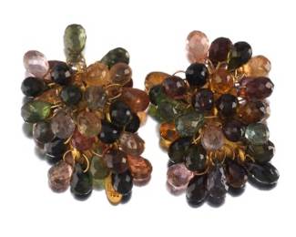 Ladies Designers Pair of 18K Gold and Multi Color Briolette Turmaline Cluster Earrings 