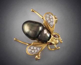 Ladies Designers TwoTone Gold, Tahitian Baroque Pearl and Diamond Bee Brooch 