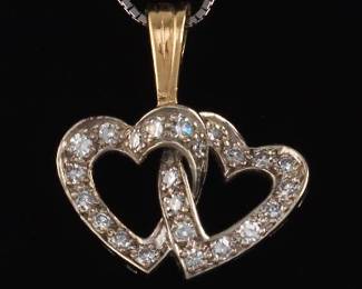 Ladies TwoTone Gold and Diamond Toi et Moi Double Heart Pendant on Box Chain 