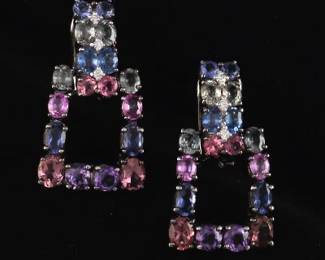 Ladies Pair of 18K Gold, Diamond and Muti Color Gems Earrings 