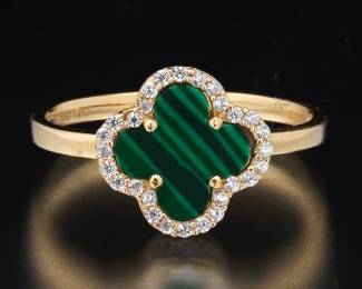 Ladies VCA Sweet Alhambra Style Gold, Malachite and Clear Stones Ring 