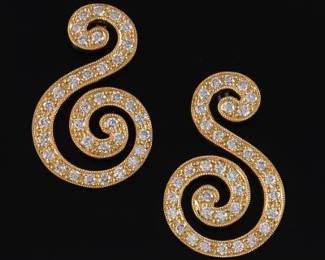 Ladies Pair of TwoTone Gold and Diamond Scroll Earrings 