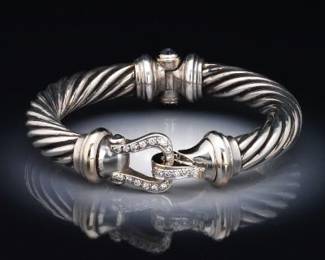 David Yurman 18K Gold, Sterling Silver and Diamond Bangle 