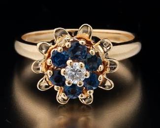 Ladies Gold, Blue Sapphire and Diamond Tulip Style Ring 