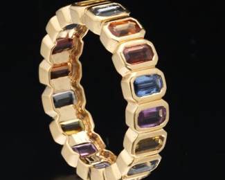 Ladies 18K Gold and Multi Color Sapphire Eternity Band 