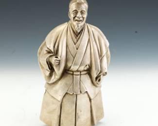 Japanese Heavy Silvered Metal Cabinet Sculpture of Edo Period Nobleman, in Presentation Box. 