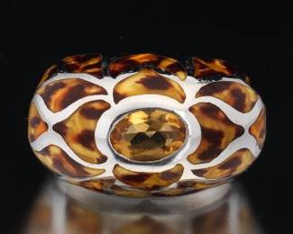 Flli Menegatti Italian Sterling Silver, Amber Citrine and Enamel Dome Ring 