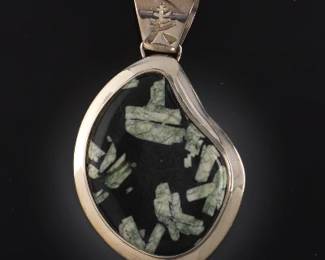 Chinese Writing Stone and Sterling Silver Beauty Pendant 